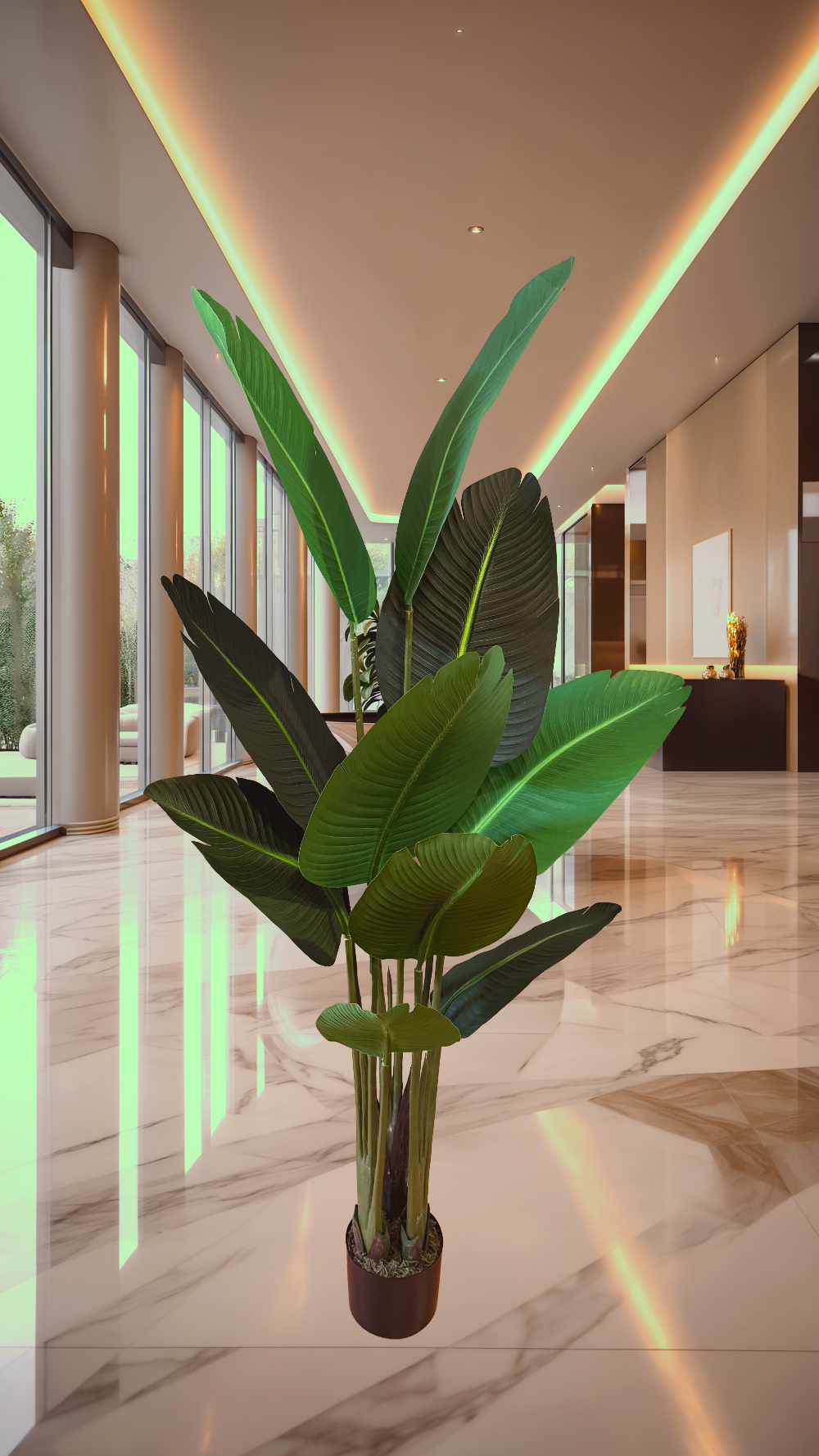 5 foot artificial silk traveler palm located in a lobby 