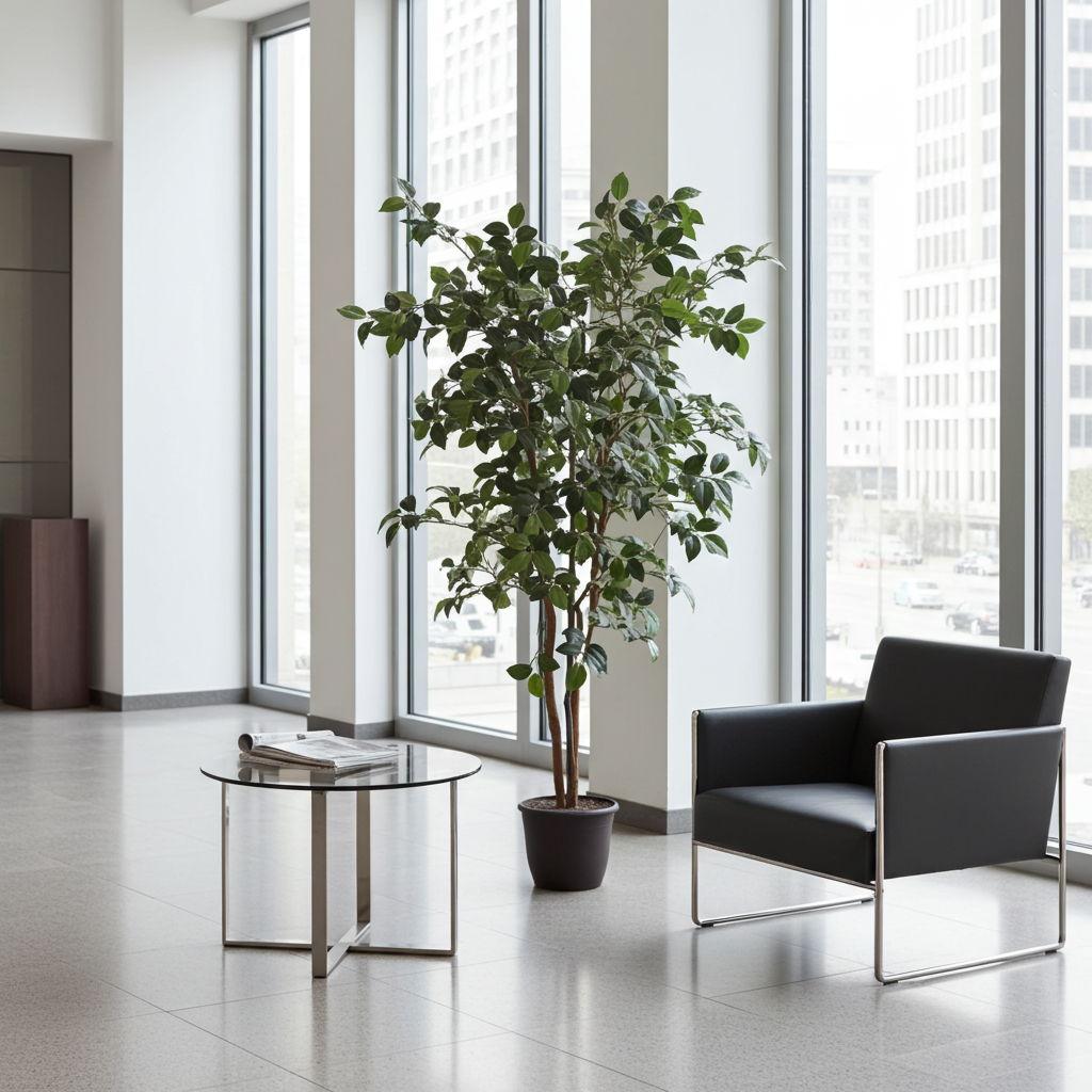 6 foot artificial silk camellia tree on natural wood nestled in a Reception Area.