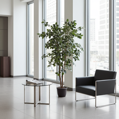 6 foot artificial silk camellia tree on natural wood nestled in a Reception Area.
