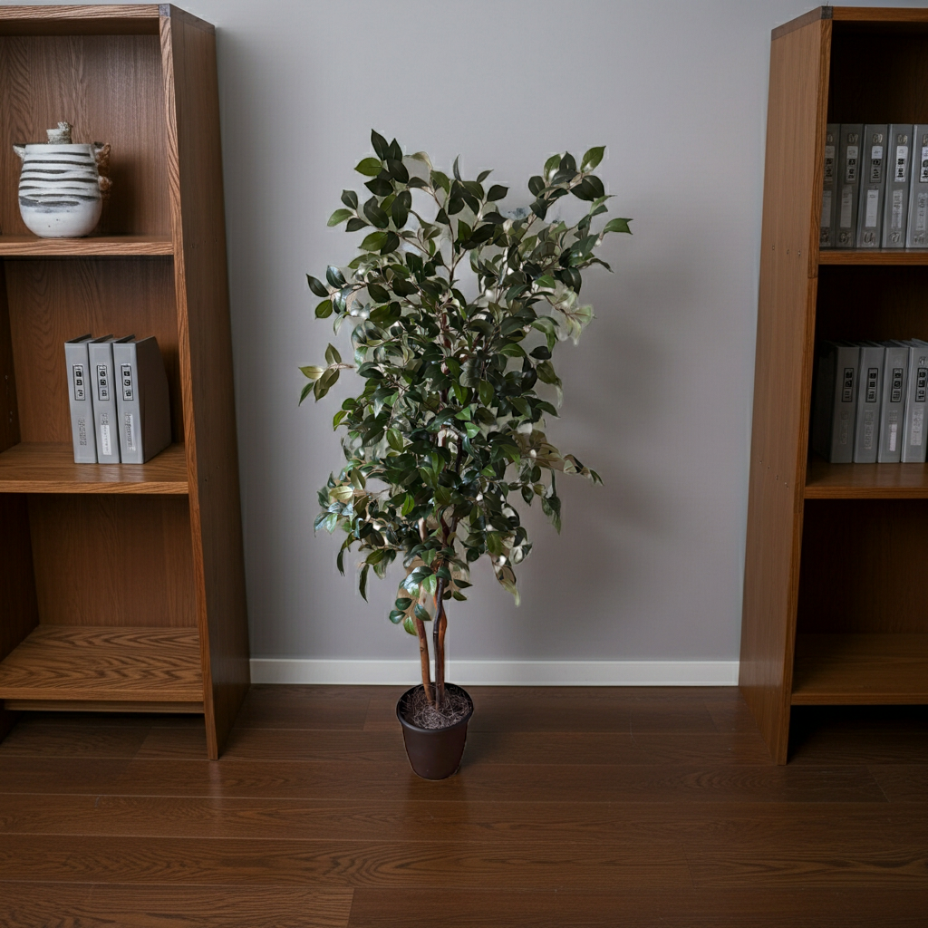 6 foot artificial silk camellia tree on natural wood nestled in between 2 book shelves.