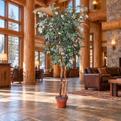 7 Foot Artificial Silk Canadian Maple Tree on Natural Wood in a lodge-style hotel lobby, displayed in its original grower's container.
