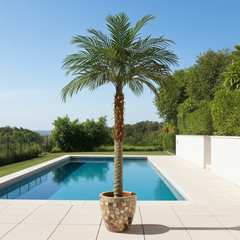 70 inch Artificial Silk Phoenix Palm Tree is in a pool setting in a decorative container