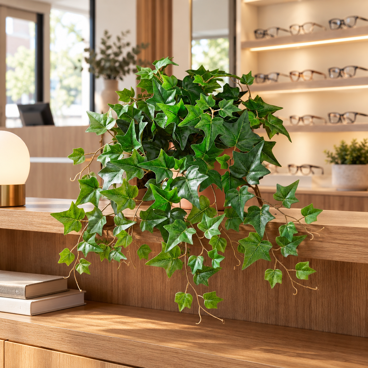 20 Inch UV-Protected Artificial English Ivy – Green styled in a optical shop reception shelf, eyeglass display softly visible in background. Styling container and room accessories are not included.