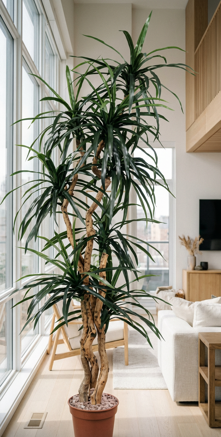 7 foot artificial silk dragon tree in corner of living area