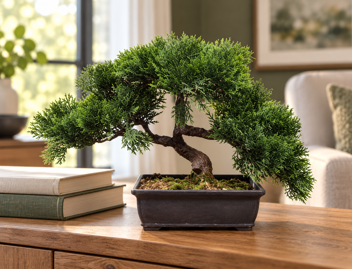 9 inch artificial PVC cedar bonsai in its dark rectangular container on a home den console