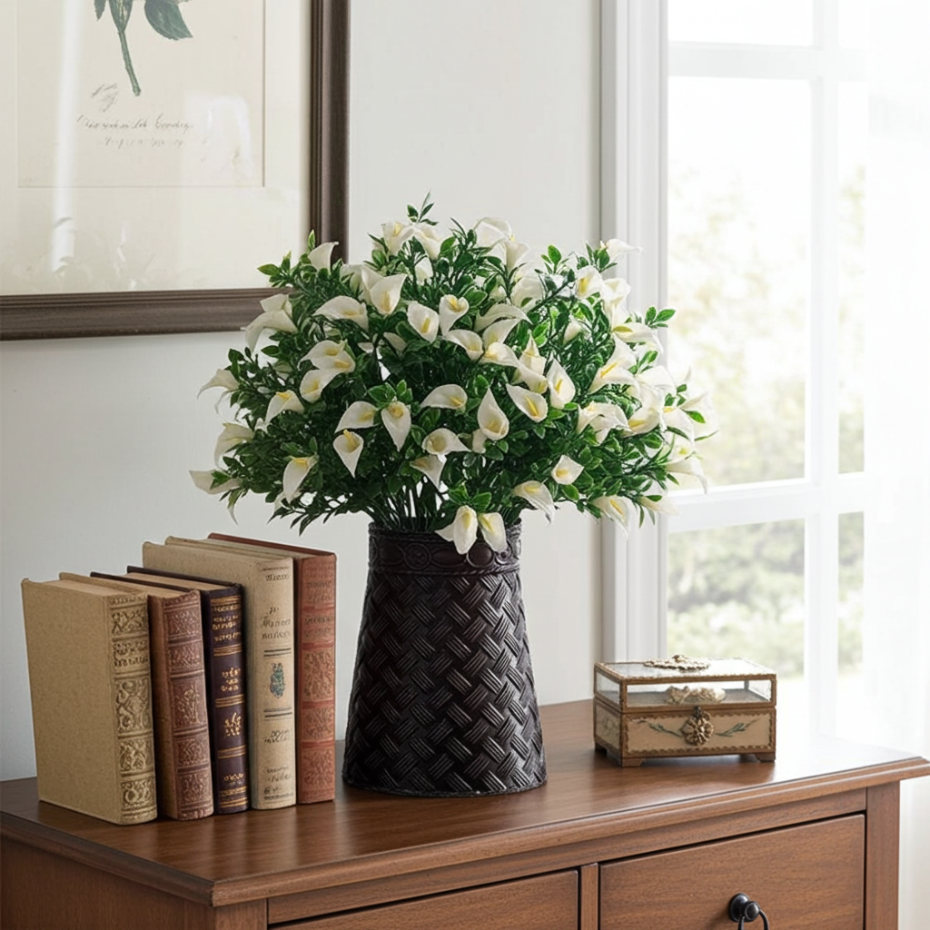 Artificial Calla Lily Arrangement in Metal Lattice Table Vase (17") displayed on a cabinet