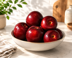 Bowl of 6 red artificial apples placed in a bowl adding color to a counter