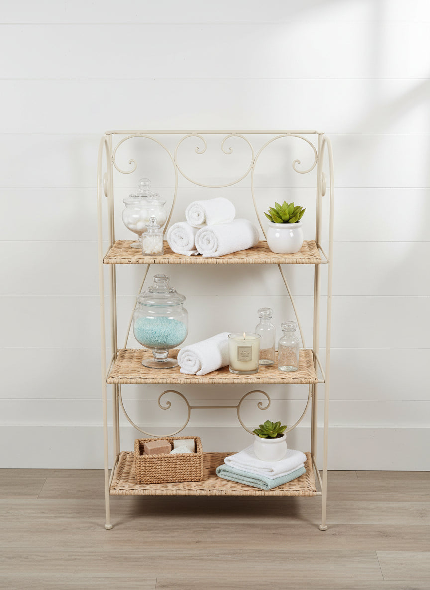 White Wash Metal Wicker Stand with 3 Shelves for Decor being used to display bathroom accessosries.