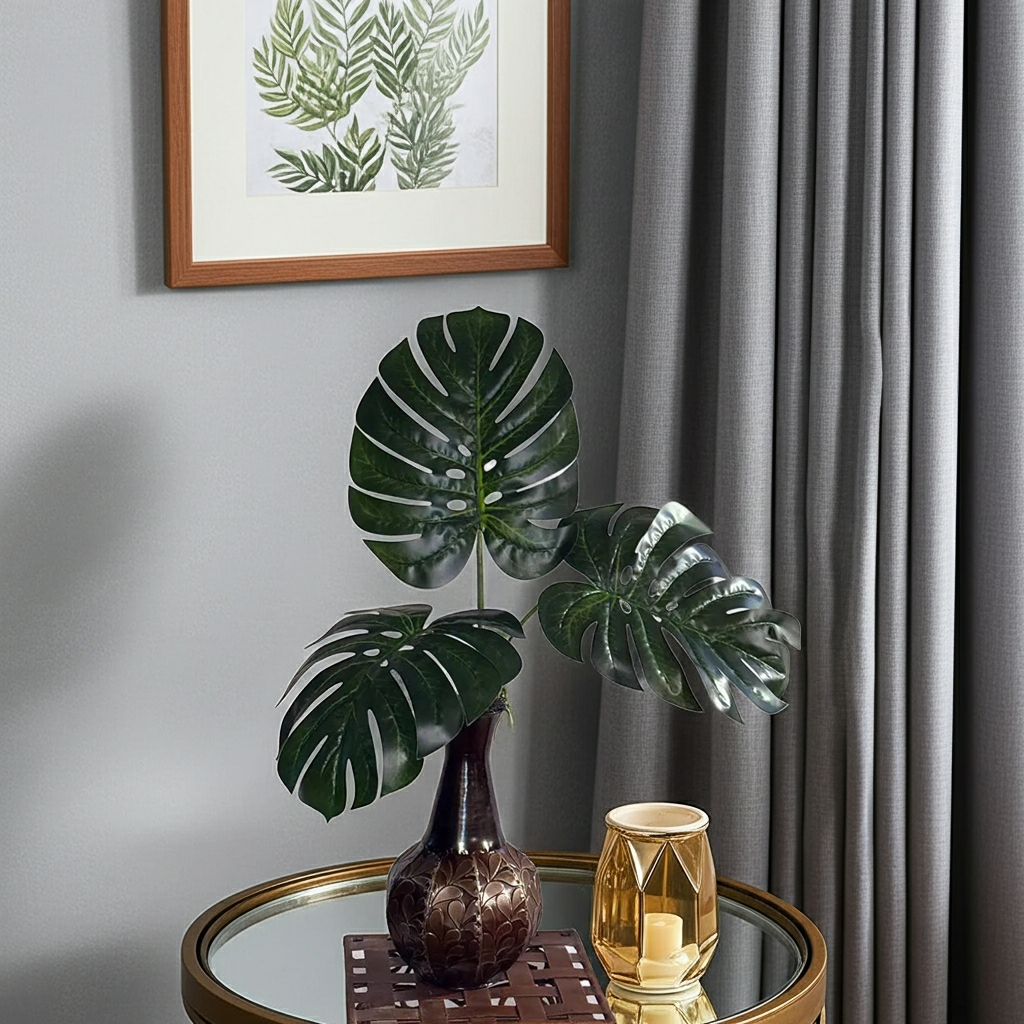 Close-up of artificial monstera split leaf foliage