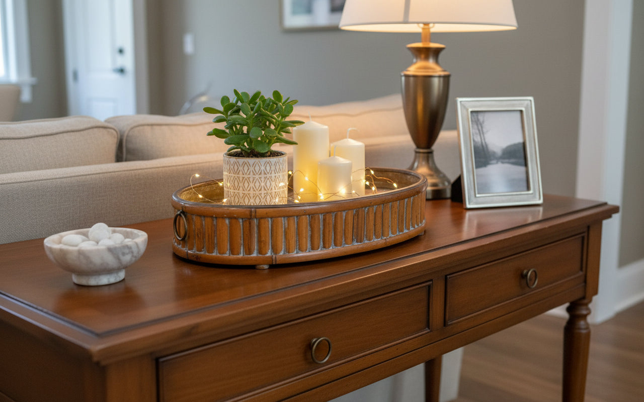 Set of 3 Oval Bamboo Serving Trays with Brass Rings displaying a plant and candles on a sofa table