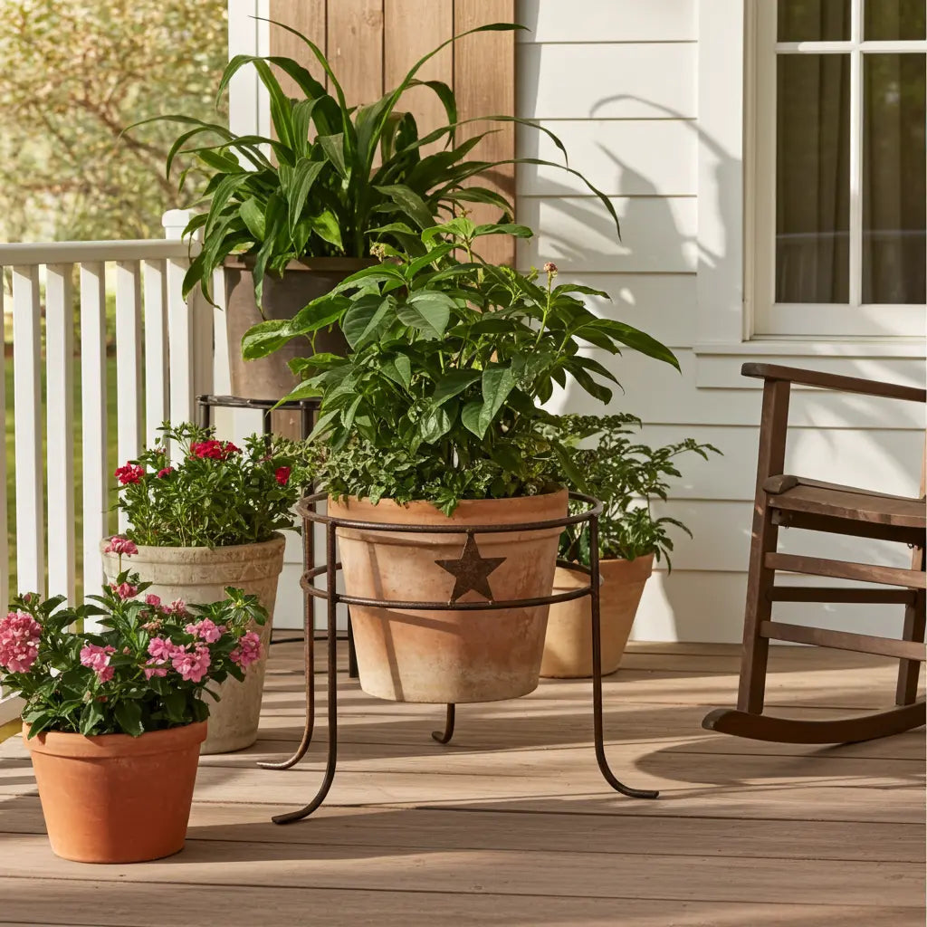 Large Metal 3 Star 2 Ring Plant Holder displaying a potted plant.