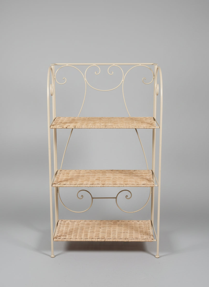 White Wash Metal Wicker Stand with 3 Shelves for Decor ready to be used as an accessory