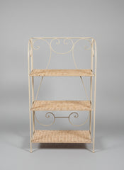 White Wash Metal Wicker Stand with 3 Shelves for Decor ready to be used as an accessory