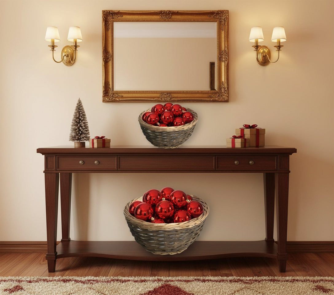 Wicker Basket with Plastic Liner – 12 Inch Two-Tone Plant Basket containing red decorative balls on a entryway table