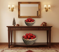Wicker Basket with Plastic Liner – 12 Inch Two-Tone Plant Basket containing red decorative balls on a entryway table