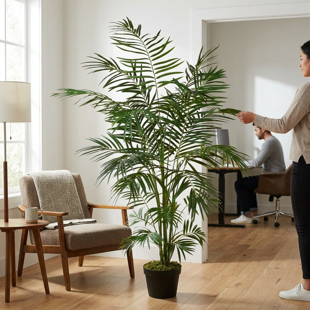Women adjusting the fronds on the 6 Foot Artificial Artificial Silk Areca Palm Tree deciding if she should place it in the corner by the chair or in their office.