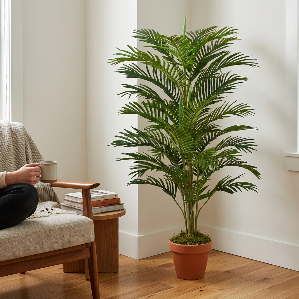 Women  having  time to enjoy a beverage while admiring her new 4 Foot Artificial Silk Areca Palm Tree Compacta