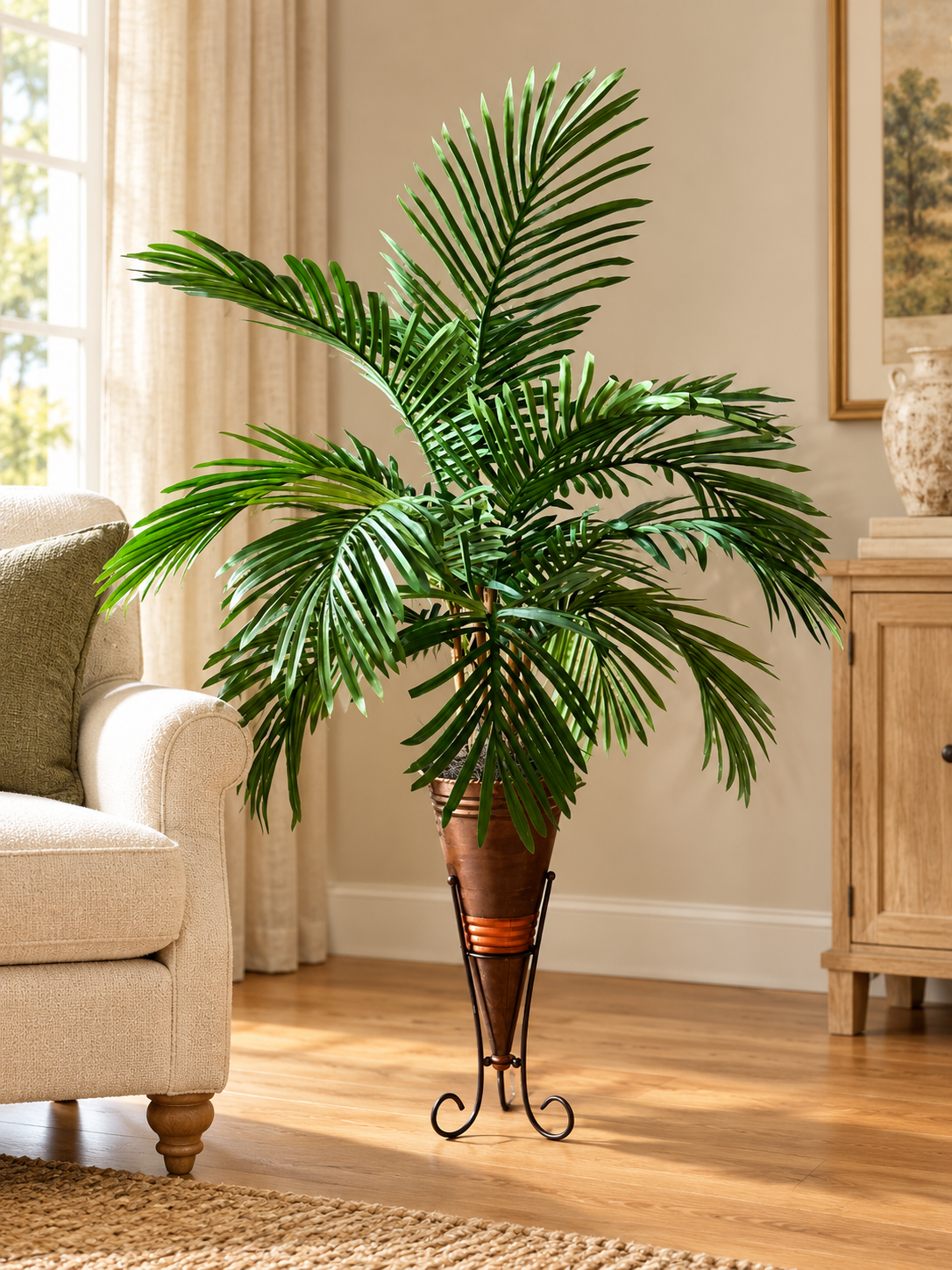 48 Inch Artificial Areca Palm on Natural Bamboo in Copper Cone Container