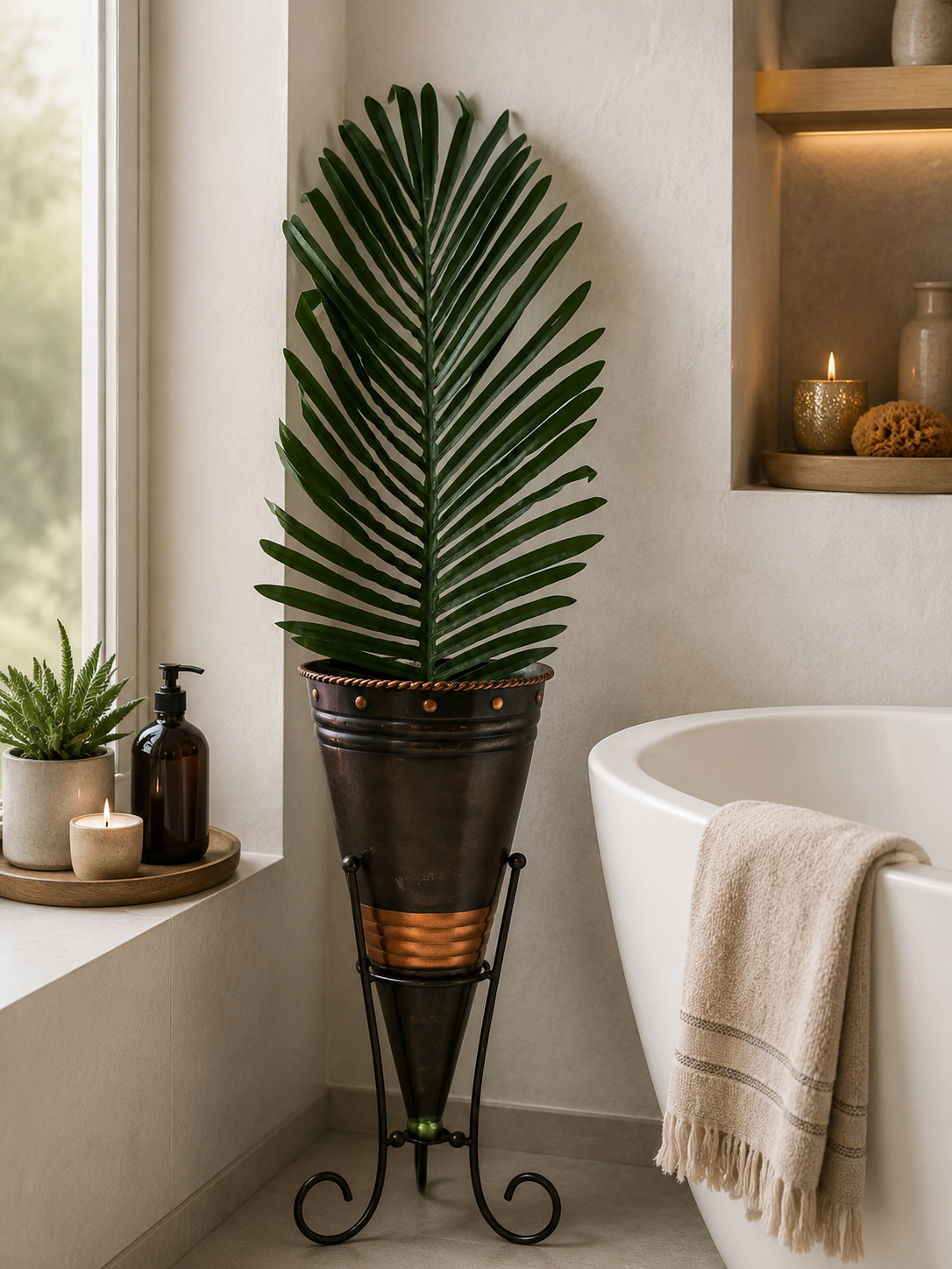 areca palm frond in 17 inch Two Tone Copper Decorative Cone Container with Stand