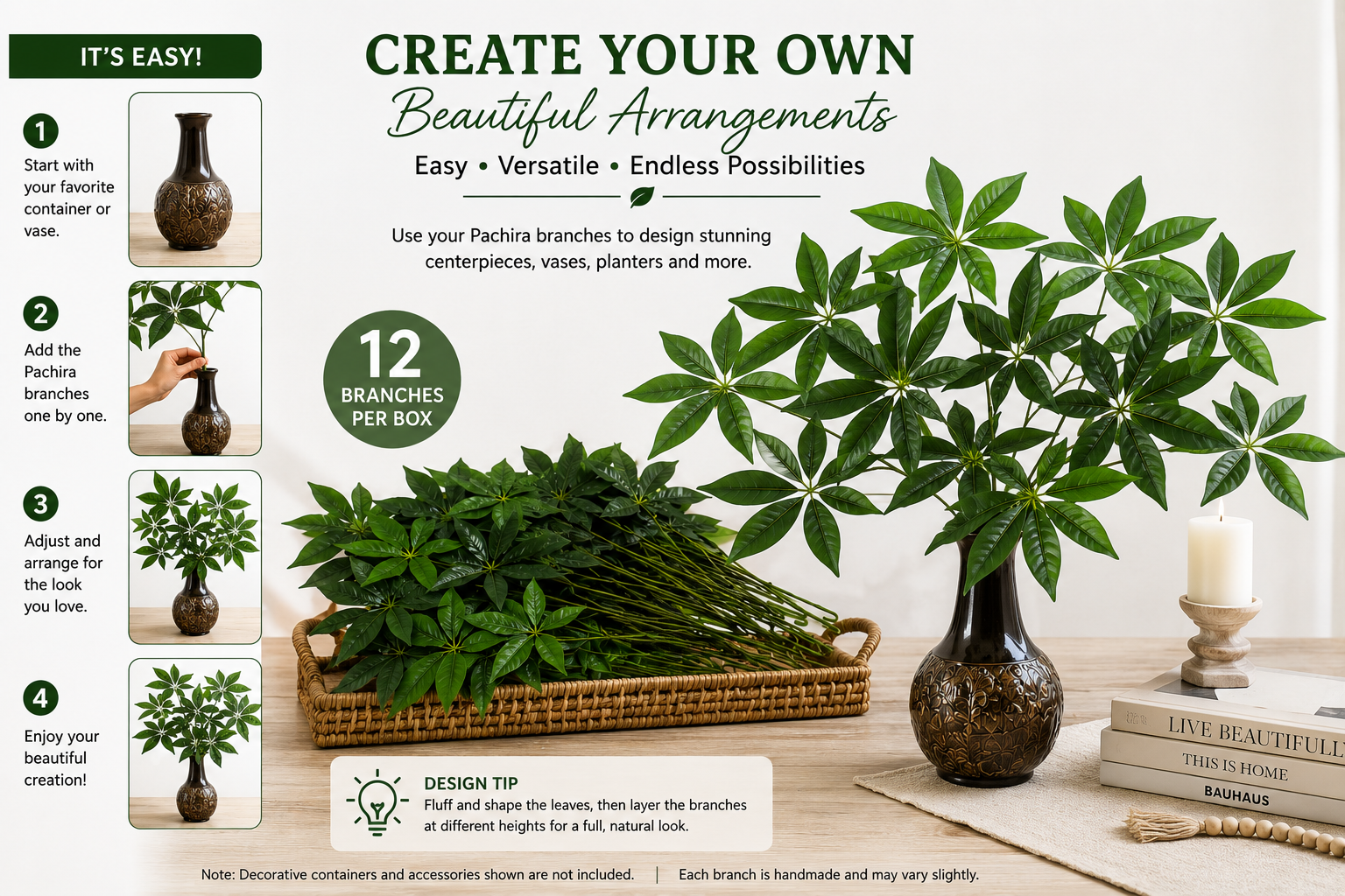 Set of 12 24-inch artificial silk Pachira branches with 5 foliage heads per branch and 60 foliage heads total.
