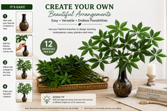 Set of 12 24-inch artificial silk Pachira branches with 5 foliage heads per branch and 60 foliage heads total.