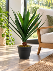 36 inch artificial PVC African Dracaena in an included black pot on the floor beside a low lounge chair in a bright contemporary sunroom