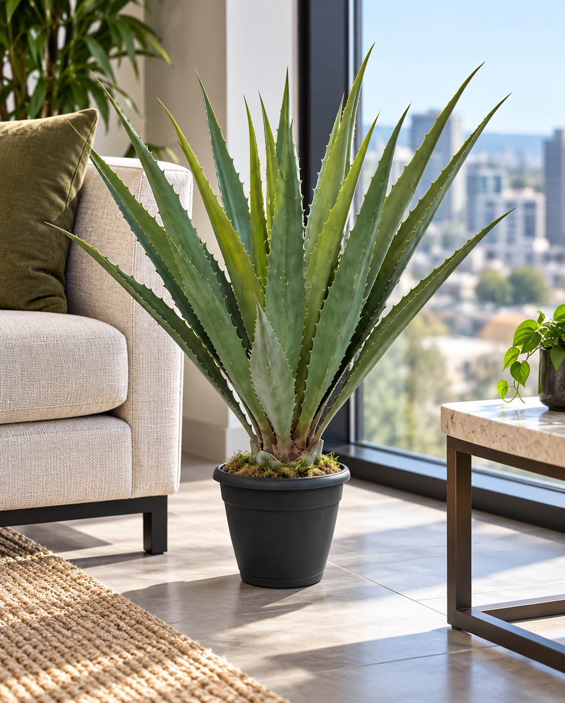 42 inch artificial PVC Agave in an included black pot on the floor beside seating in a condo rooftop indoor amenity lounge with large windows