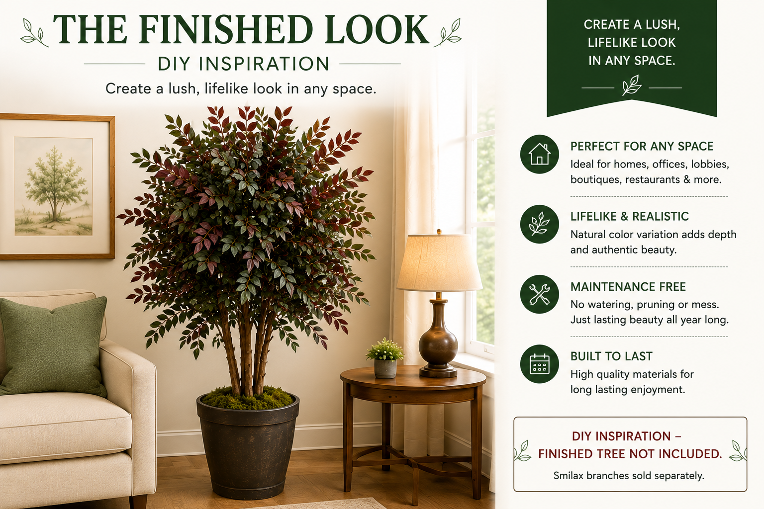 DIY artificial tree inspiration using Smilax branches in a residential living room