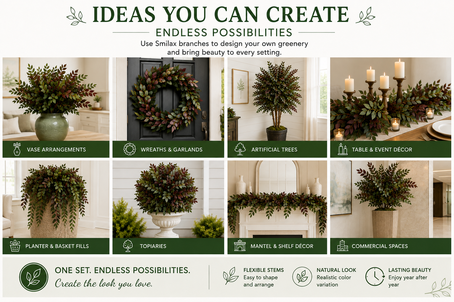 DIY decorating ideas using artificial Smilax branches for trees, wreaths, arrangements and planters