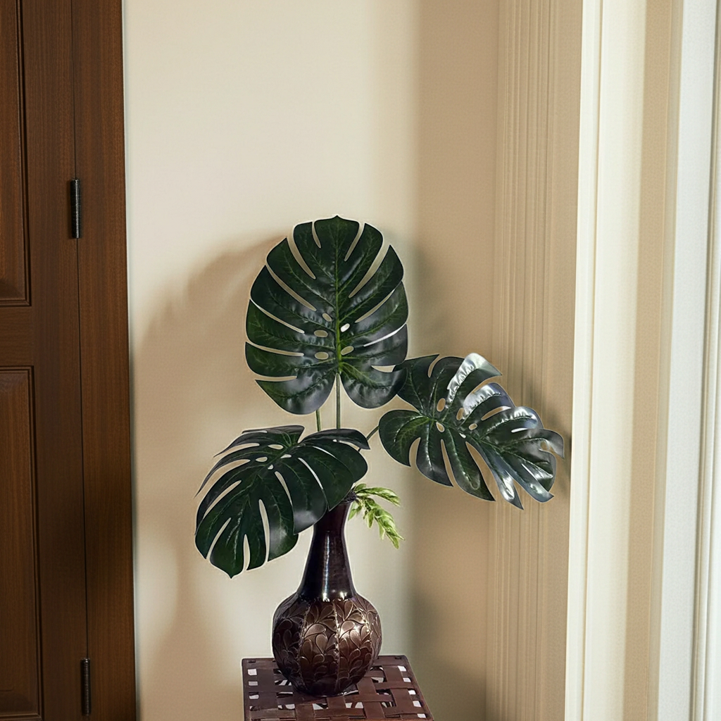 Artificial monstera plant styled in modern interior