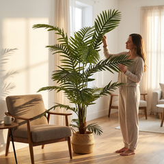 Women adjusting the fronds of the 6 Foot Silk Artificial Areca Palm Tree –  (15 Leaves) after receiving it.