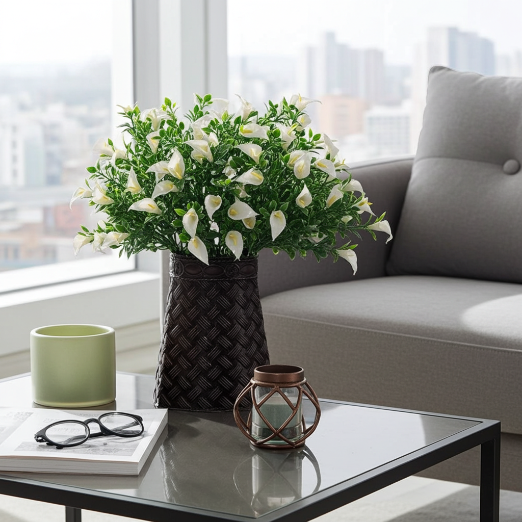 Faux calla lily centerpiece with PVC greens on tabletop