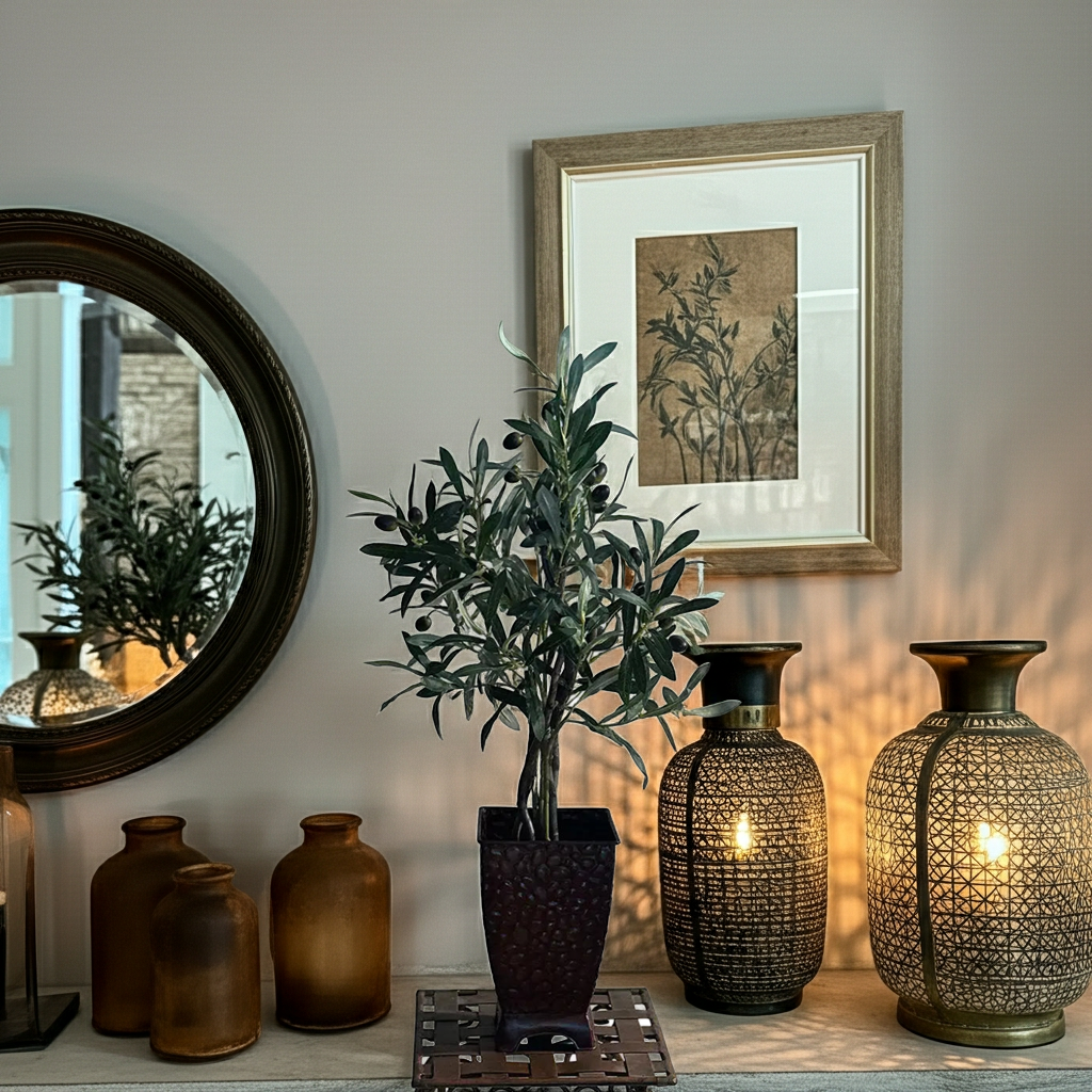 Faux olive tree indoor decor with natural wood trunk