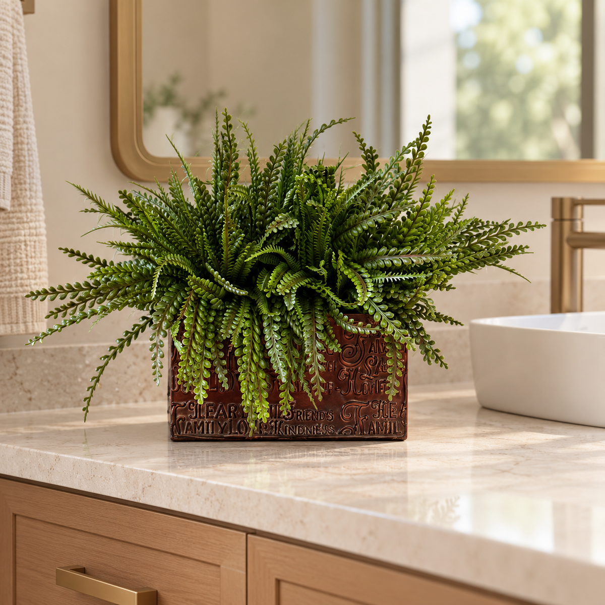 Artificial PVC button fern in a brown rectangular container with raised lettering on a modern bathroom vanity