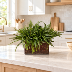 Artificial PVC button fern in a brown rectangular decorative container on a bright coastal kitchen island