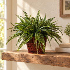 Artificial PVC button fern in a brown square container with woven-texture detail on a rustic wood floating shelf