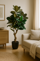 45" Artificial Rubber Tree in Black Pot  placed in a corner of a cozy modern living room
