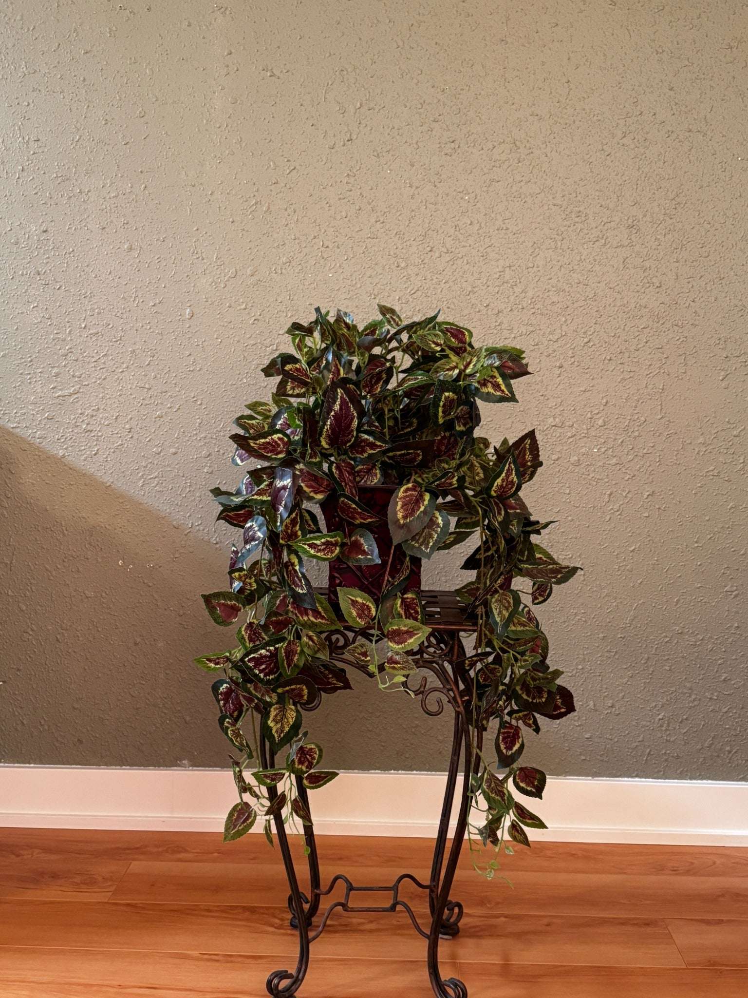 Limited Edition Trailing Faux Coleus Arrangement in Ornate Lattice Metal Planter