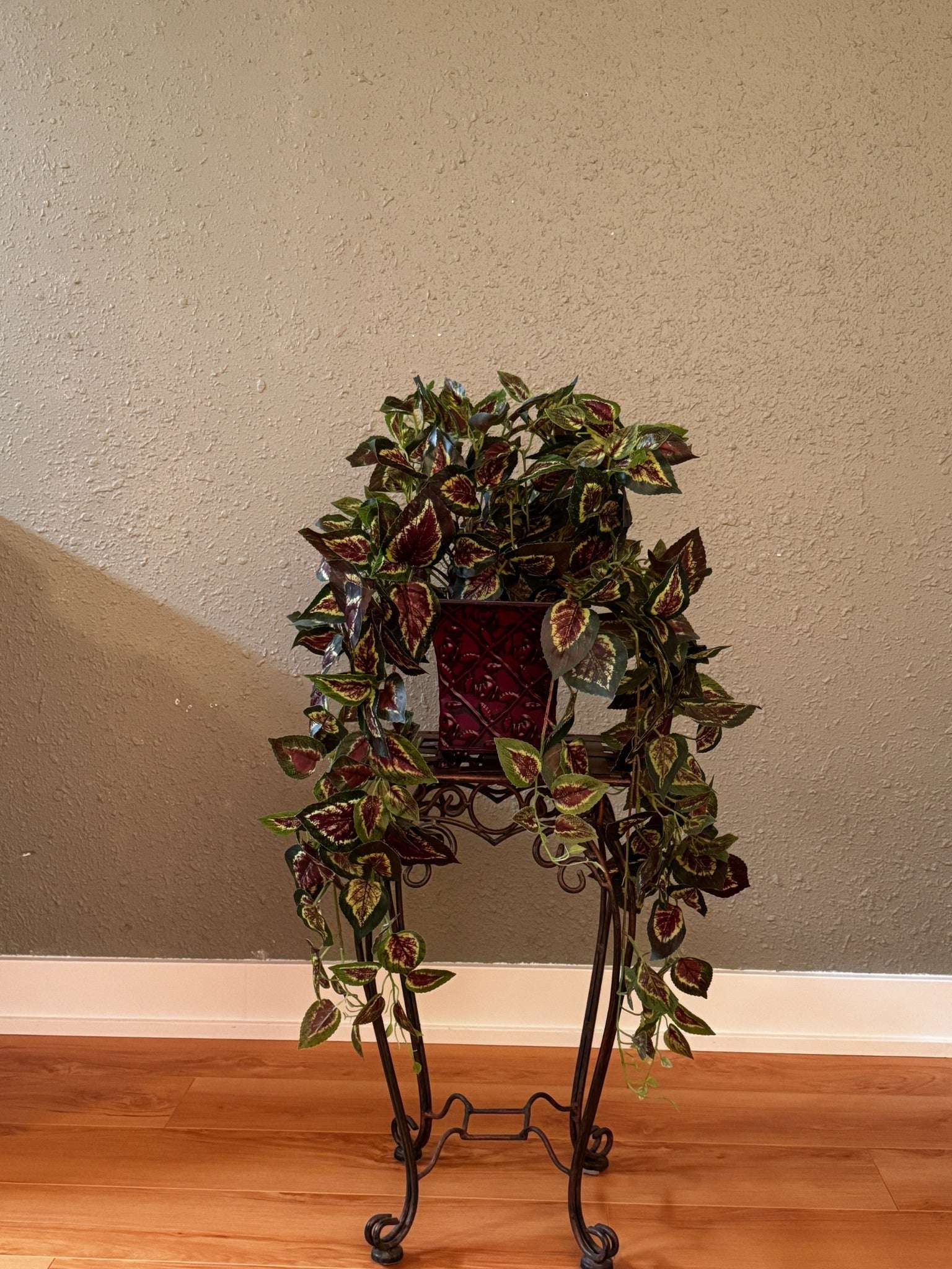 Limited Edition Trailing Faux Coleus Arrangement in Ornate Lattice Metal Planter