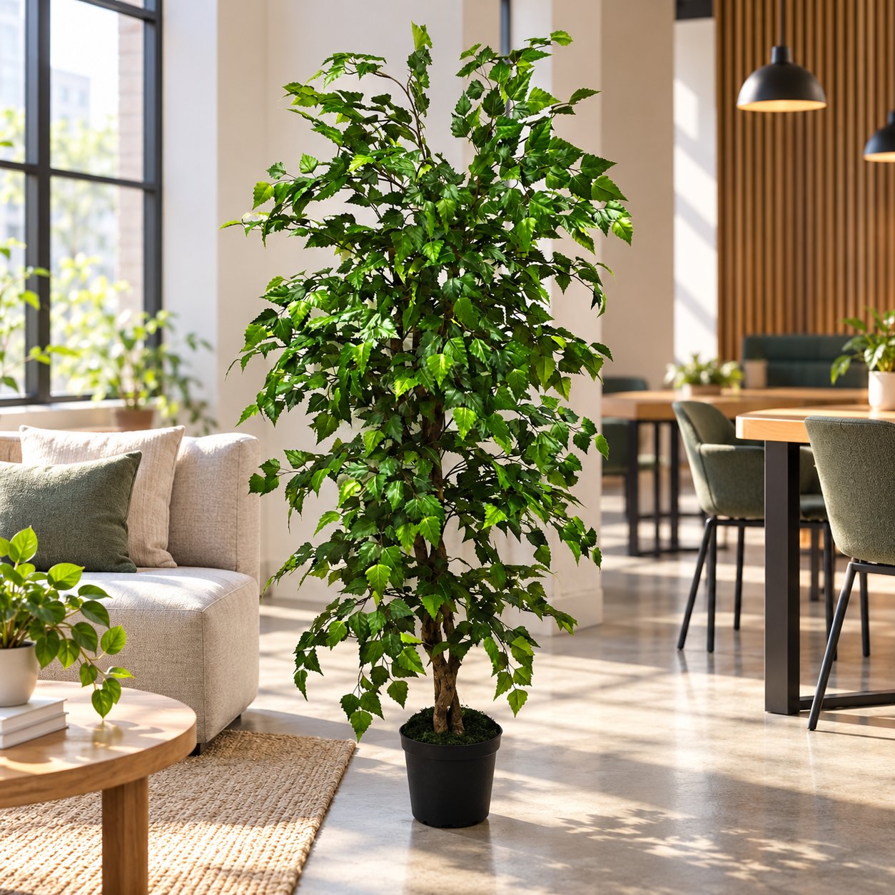 5 Foot Artificial Silk Birch Tree Custom Made on Natural Wood in a bright coworking lounge, displayed in its included grower’s pot.