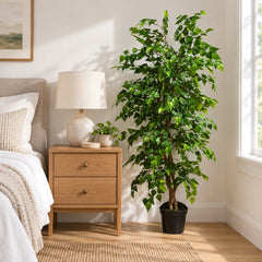 5 Foot Artificial Silk Birch Tree Custom Made on Natural Wood in a Scandinavian bedroom beside a 26 inch nightstand, displayed in its included grower’s pot.
