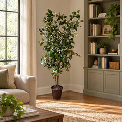 6 Foot Artificial Silk Camellia Tree Display Model in a residential den, displayed in its included grower’s pot.