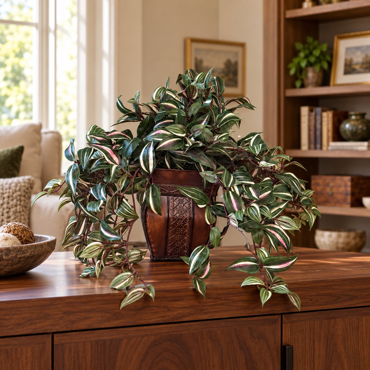 Artificial Wandering Jew ivy arrangement in its two-tone brown metal container on a walnut console in a home den.